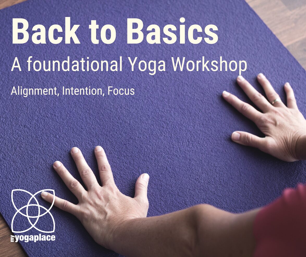 Hands on a yoga mat. ~The text says: Back to Basics - A foundational Yoga workshop - Movement, intention, focus